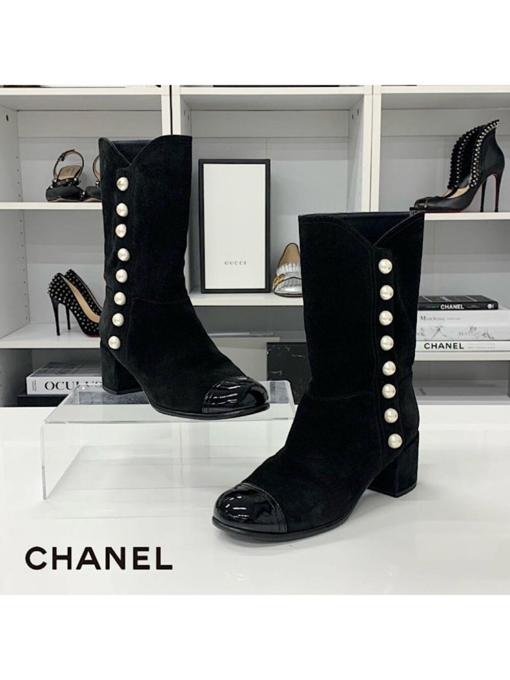 Chanel Suede Patent CC Logo Pearl Middle Boots Black